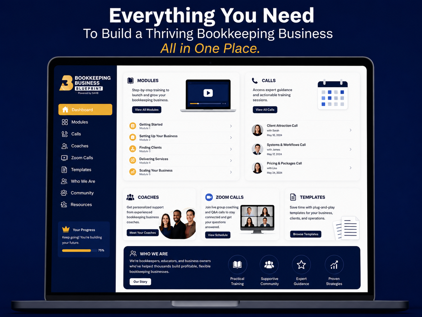 Bookkeeping Business Blueprint membership dashboard with modules, calls, coaches, Zoom calls, templates, and community