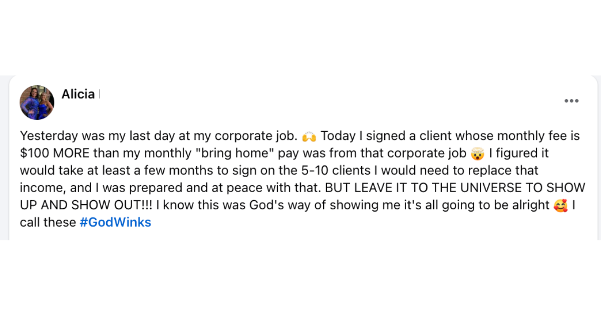 Alicia signed a client whose monthly fee is more than her corporate take-home pay